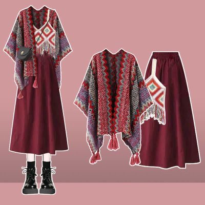 BYPS Boho Colorblock Shawl Wrap Fringed Cami Top High Waist Skirt