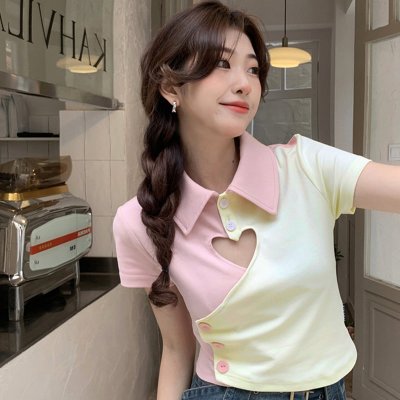 BYPS Colorblock Love Heart Hollow Out T-Shirt