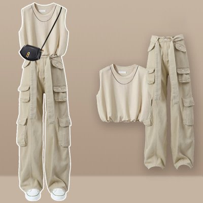 BYPS Chain Round Collar Sleeveless Crop Top Casual Cargo Pants