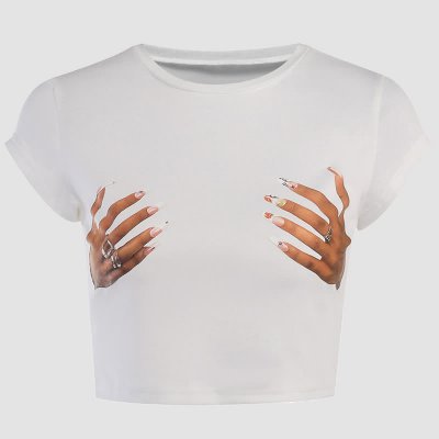 BYPS Chic Plam Print Round Collar Crop Top T-Shirt