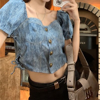 BYPS Chic Square Collar Lace Up Denim Crop Top